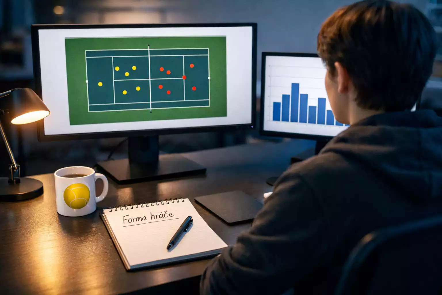 Analytik studující tenisová data na monitorech s diagramem kurtu a jednoduchým grafem - profesionální sportovní analýza