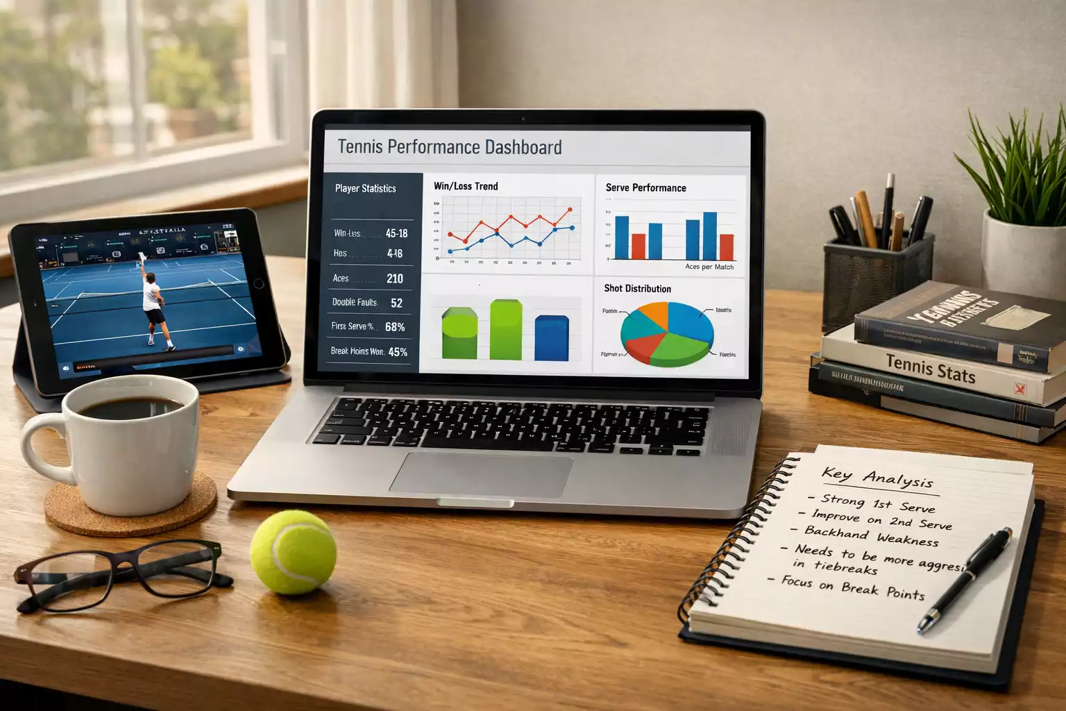 Moderní pracovní prostředí s notebookem zobrazujícím tenisové statistiky a analytické grafy