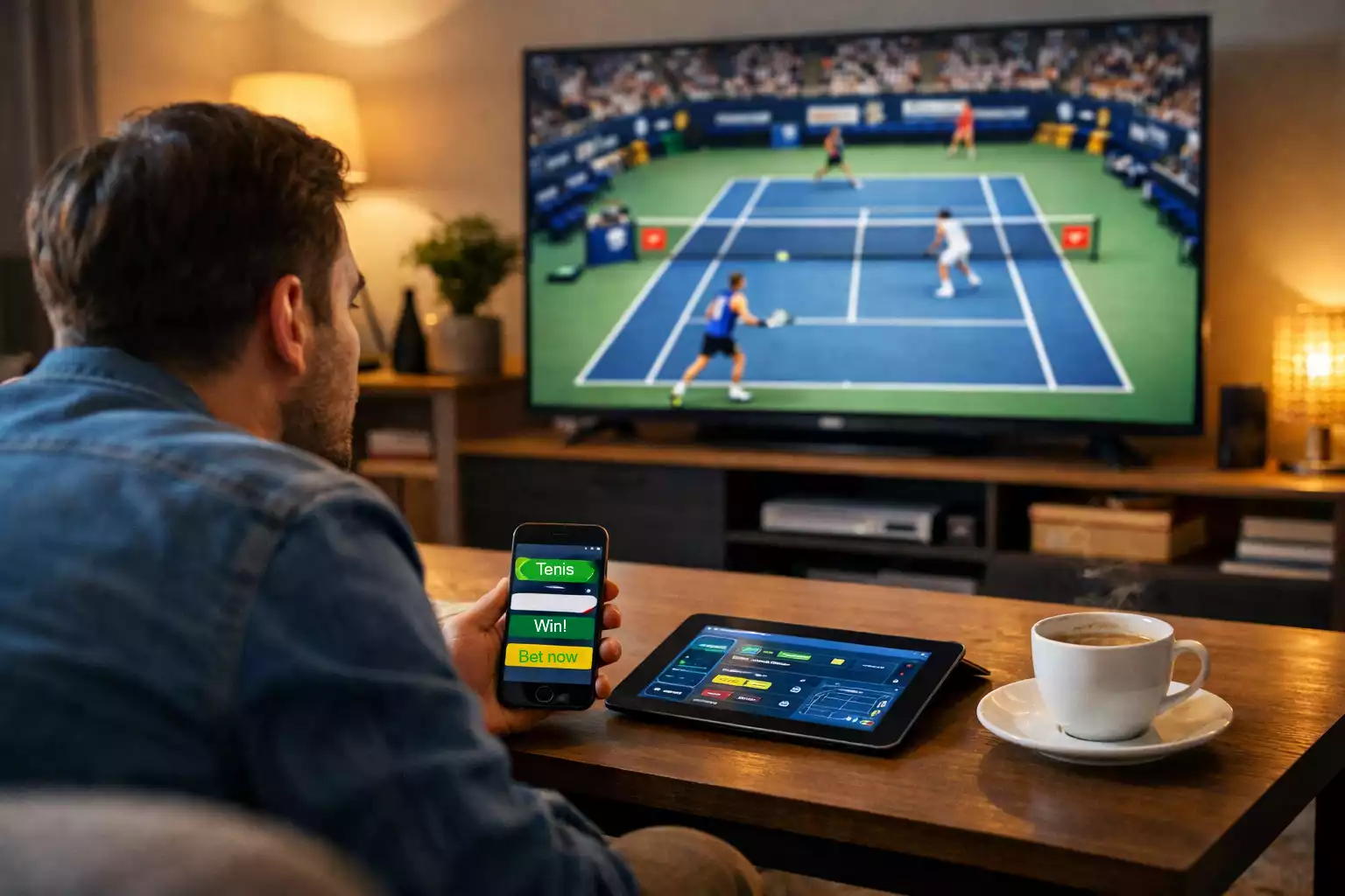 Osoba sledující tenisový zápas v obývacím pokoji s chytrým telefonem a tabletem na stole - atmosféra live sázení