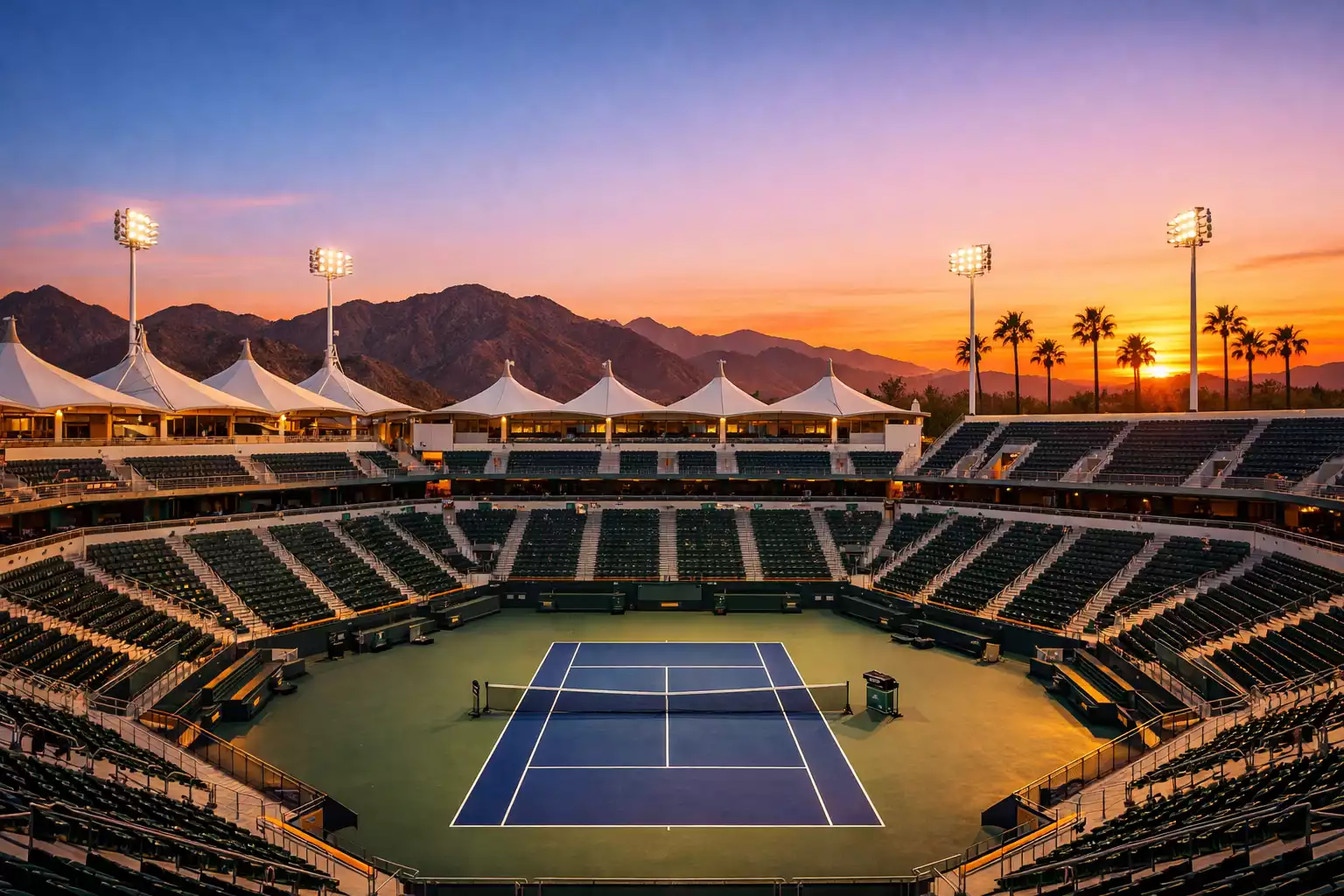 Stadion Indian Wells Velký tenisový stadion v pouštním prostředí ve stylu Indian Wells při západu slunce