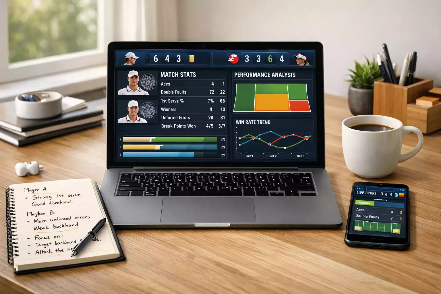 Analýza tenisových dat Analytické pracoviště s notebookem zobrazujícím tenisová data a statistiky