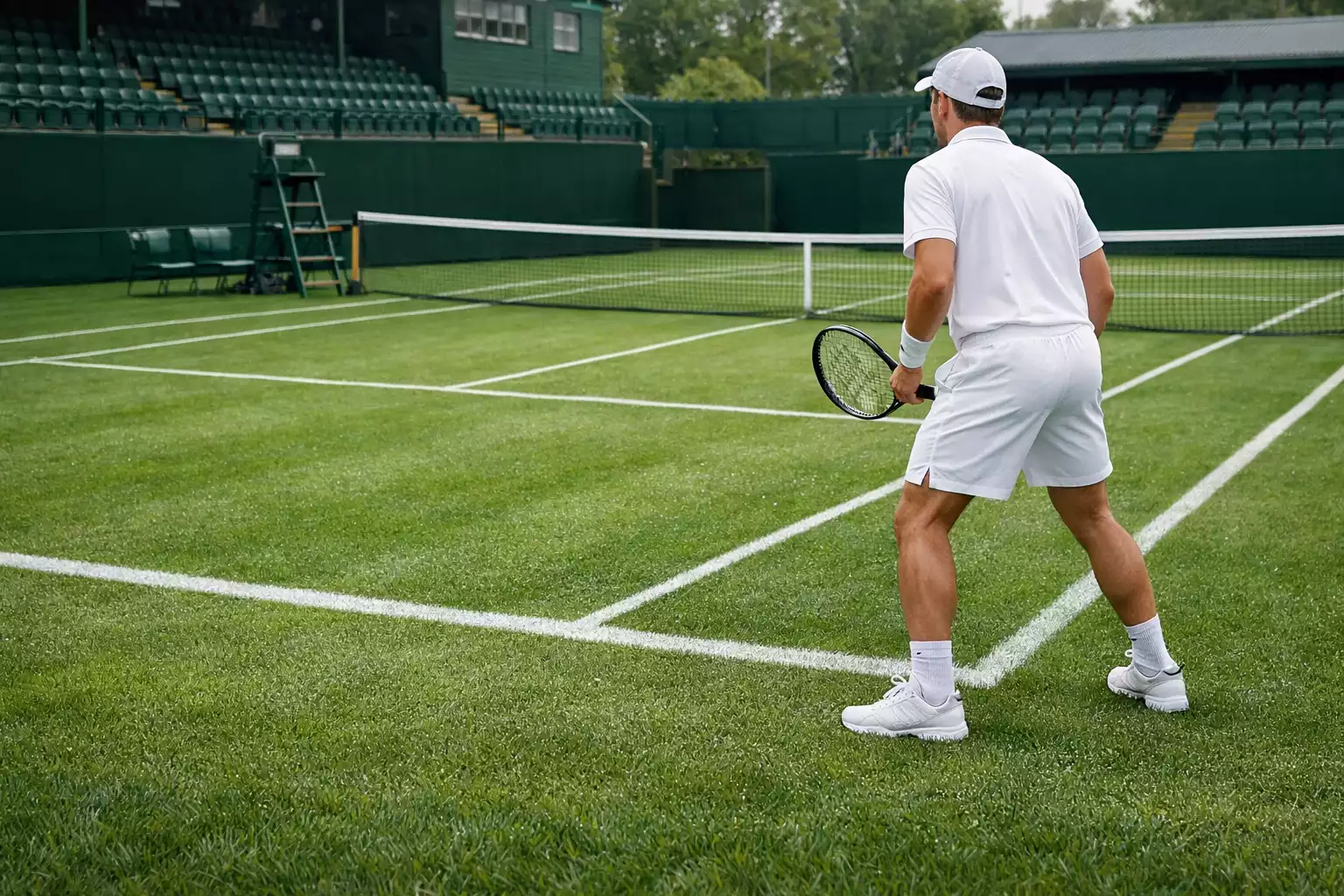 Elegantní travnatý kurt ve stylu Wimbledonu se sytě zeleným trávníkem a bílými liniemi