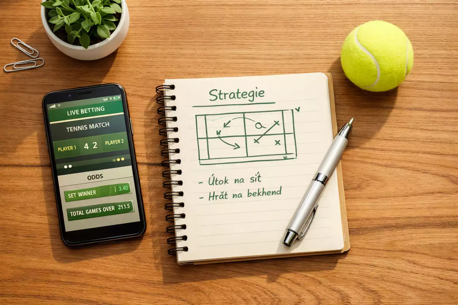 Příprava na sázení na tenis - smartphone, poznámkový blok se strategií a tenisový míček na dřevěném stole